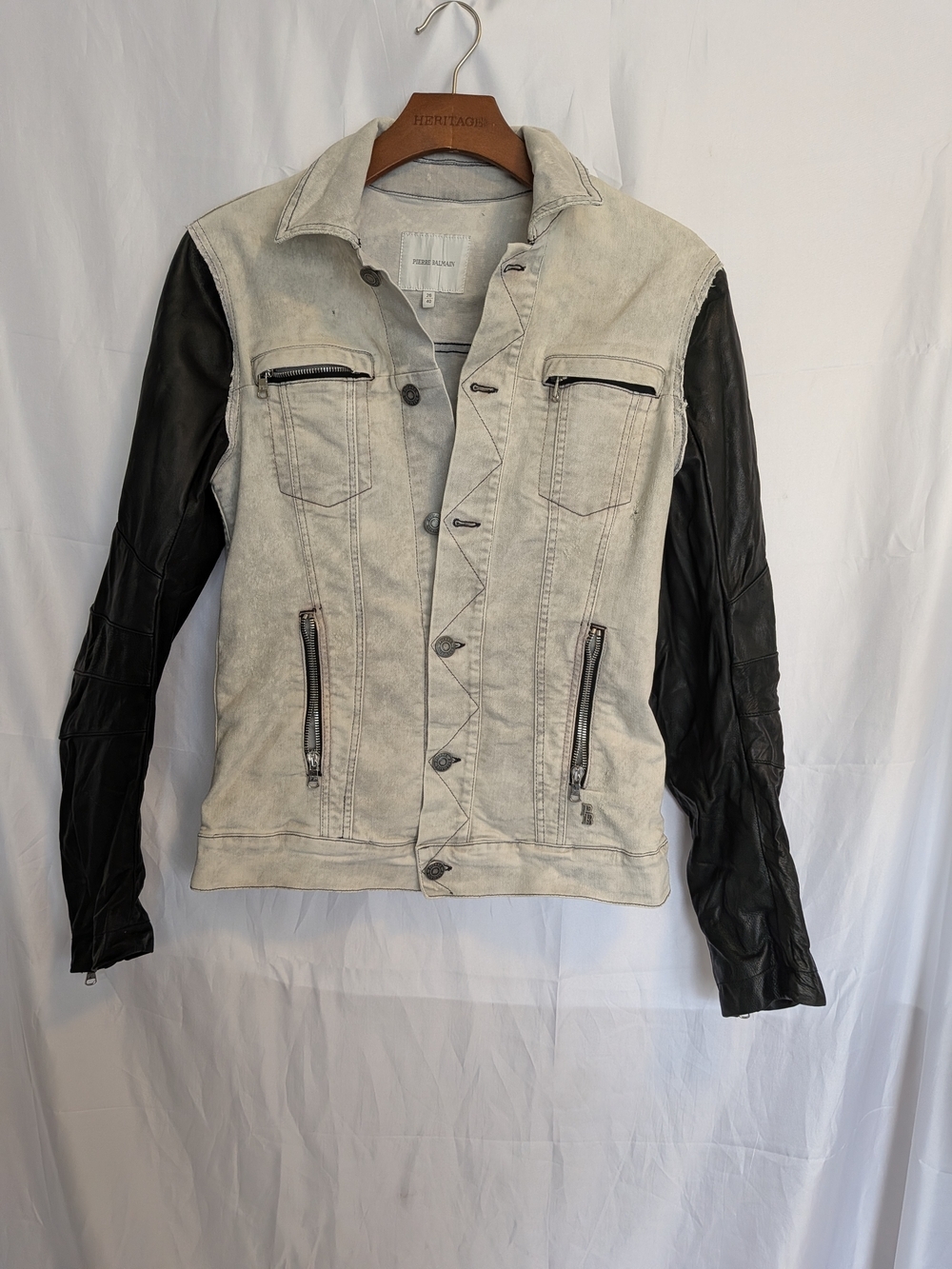 Pierre Balmain Vintage Acid Wash Mixed Media Moto Jacket Leather Sleeves IT 40
